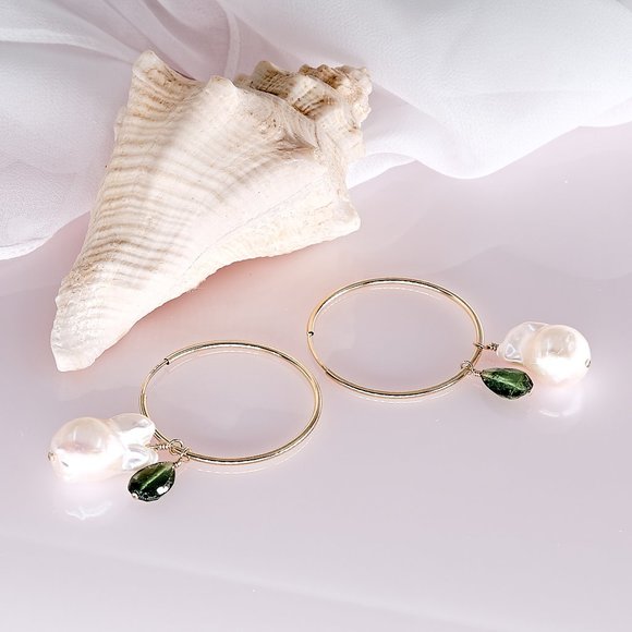 Baroque Pearl & Green Tourmaline Hoop Earrings, 14K Gold Filled Thin Hoops - Picture 5 of 11